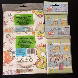 Bundle Of Monster Themed Birthday Supplies Party Tablecover & Invitations Set